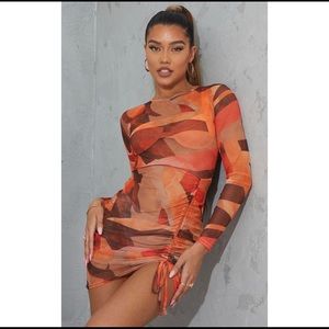Orange Abstract Print Mesh Long Sleeve Dress